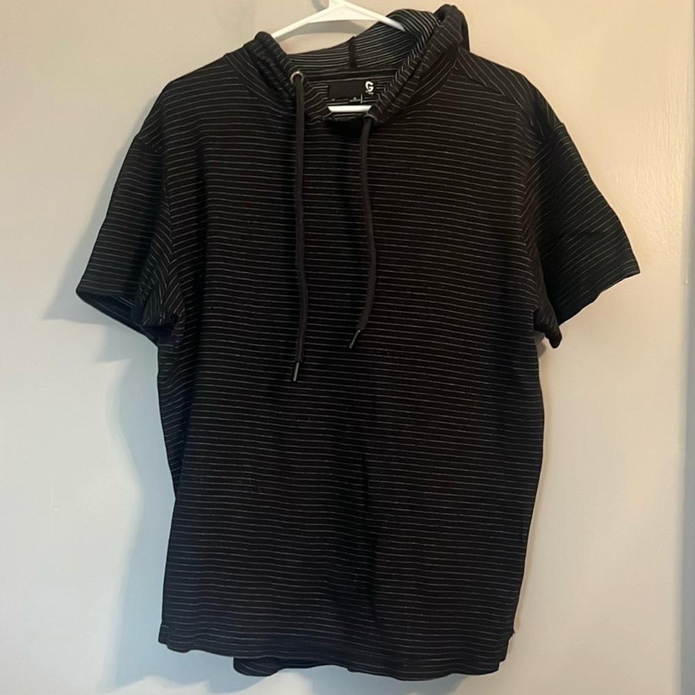 G by Guess Women's Black and White Striped Short Sleeve Hoodie Size XL